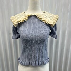 Zara Blue and Cream Ruffled Collar Top